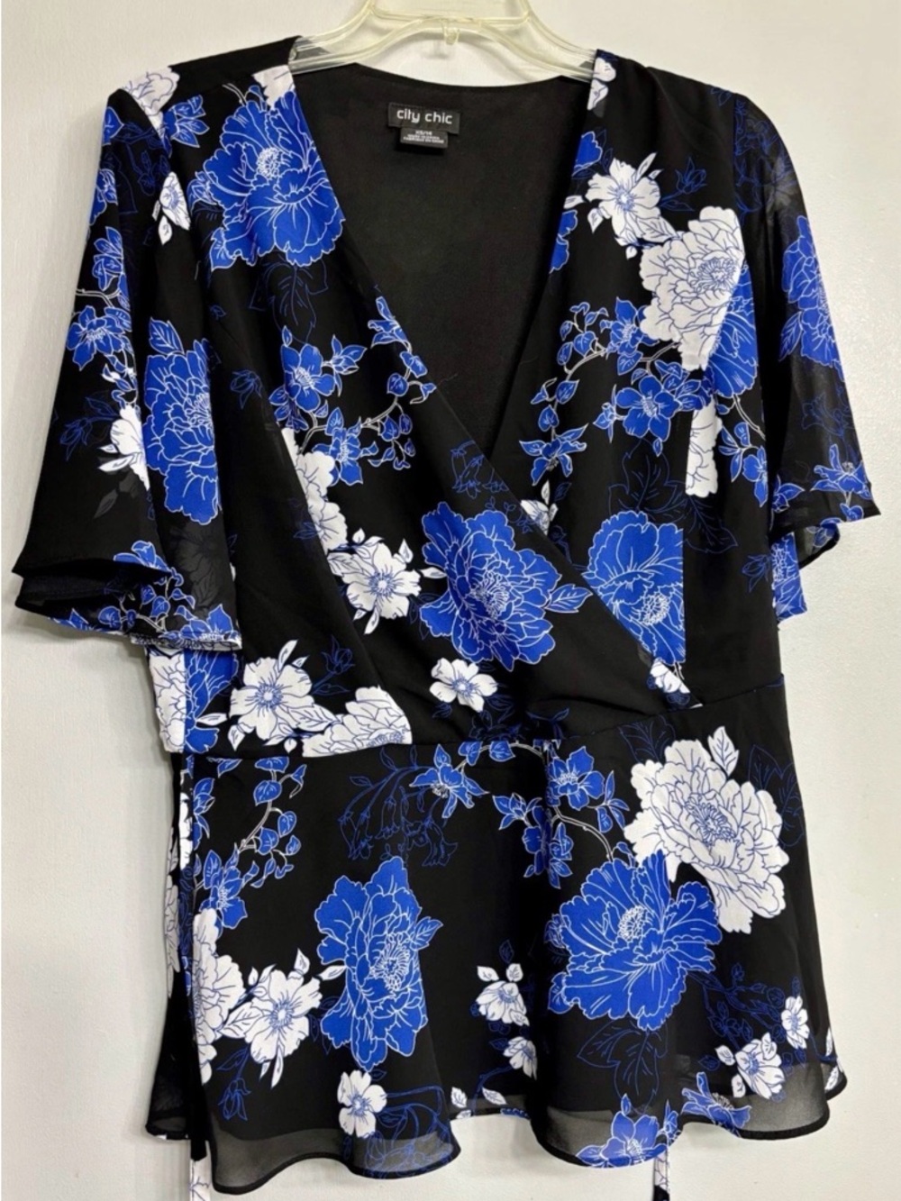 City Chic Black Top with Blue & White Floral Print - Picture 3 of 6